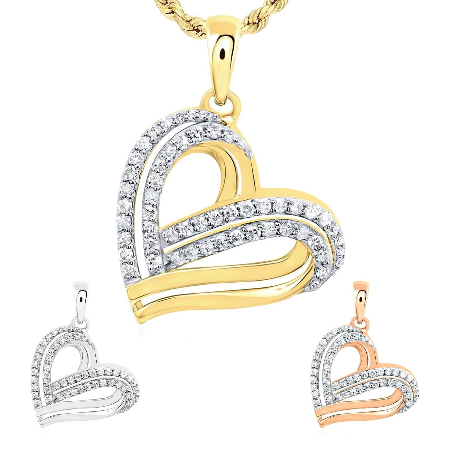 0.33CTW Real Diamond 10K Gold Yellow White Rose Sideways Heart Pendant 0.9"