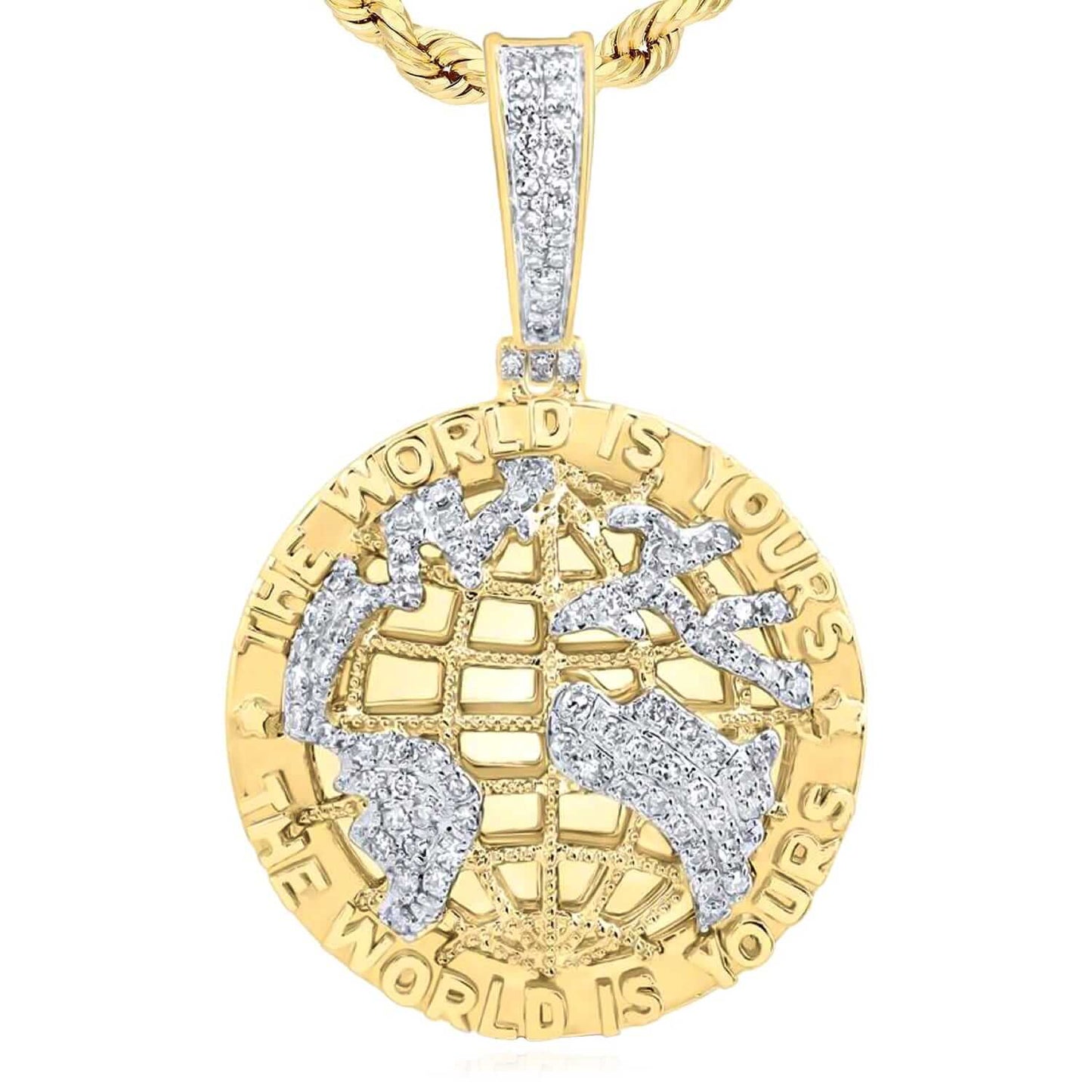 0.50CTW Real Diamond 10K Yellow Gold The World is Yours Globe Pendant 1.5"