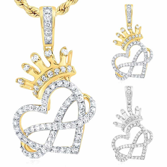 0.37CTW Natural Diamond 10K Gold Yellow White Infinity Heart Crown Pendant 1"