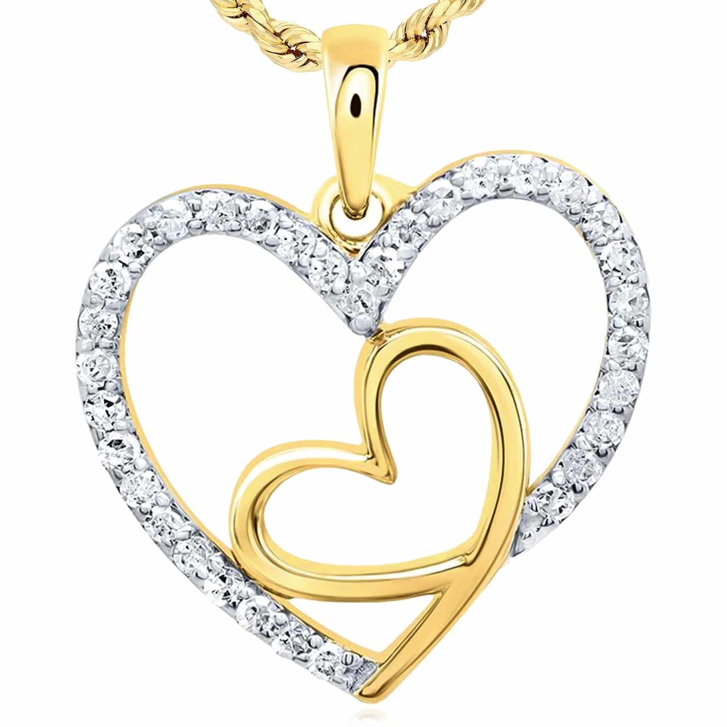 0.20CTW Real Diamond 10K Gold Yellow White Rose Heart Pendant 0.8"