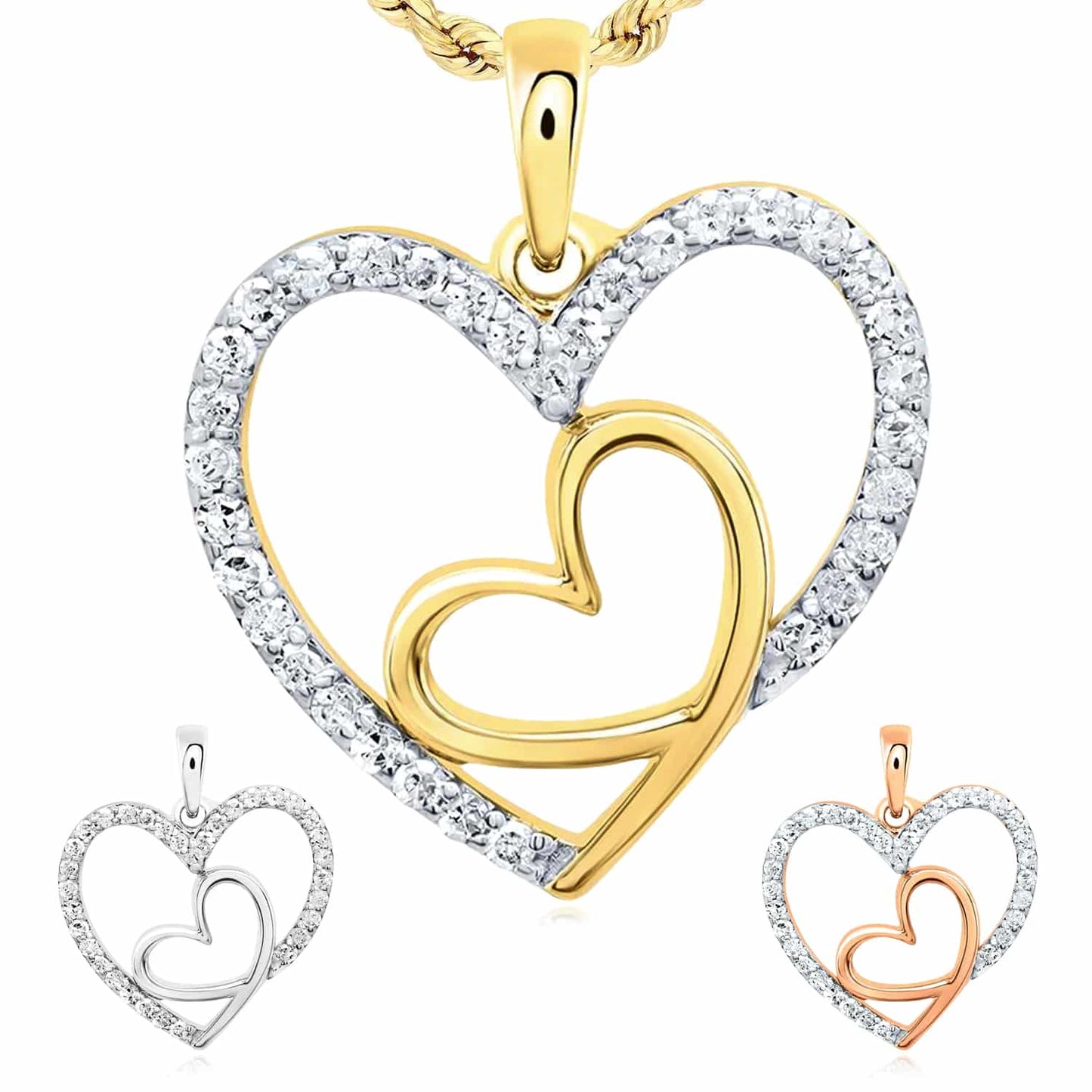 0.20CTW Real Diamond 10K Gold Yellow White Rose Heart Pendant 0.8"