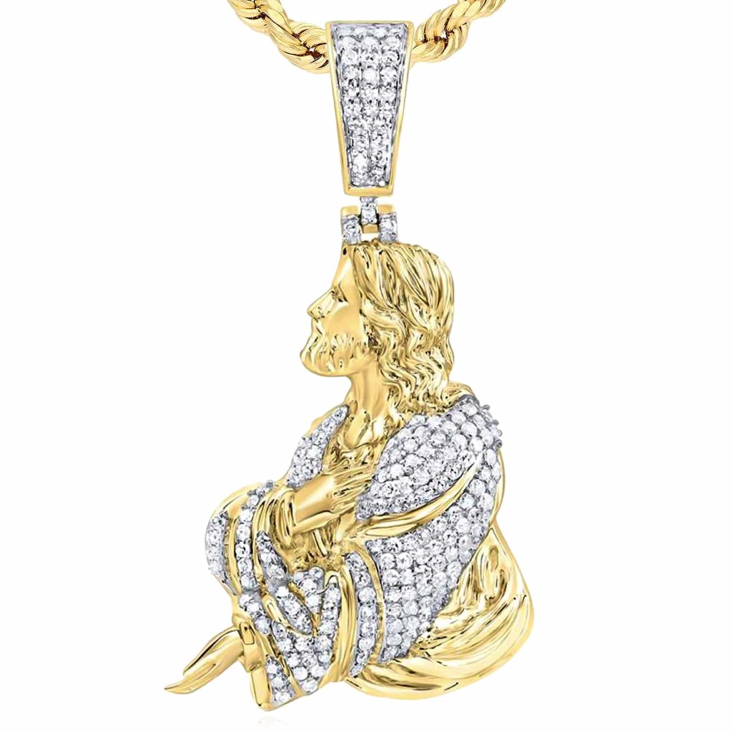 0.75CTW Natural Diamond 10K Yellow Gold Jesus Pendant 1.65"