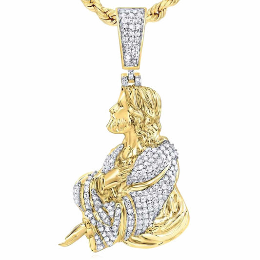 0.75CTW Natural Diamond 10K Yellow Gold Jesus Pendant 1.65"
