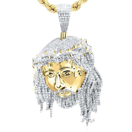 3.00CTW Natural Diamond 10K Yellow Gold Jesus Face Pendant 2.4"