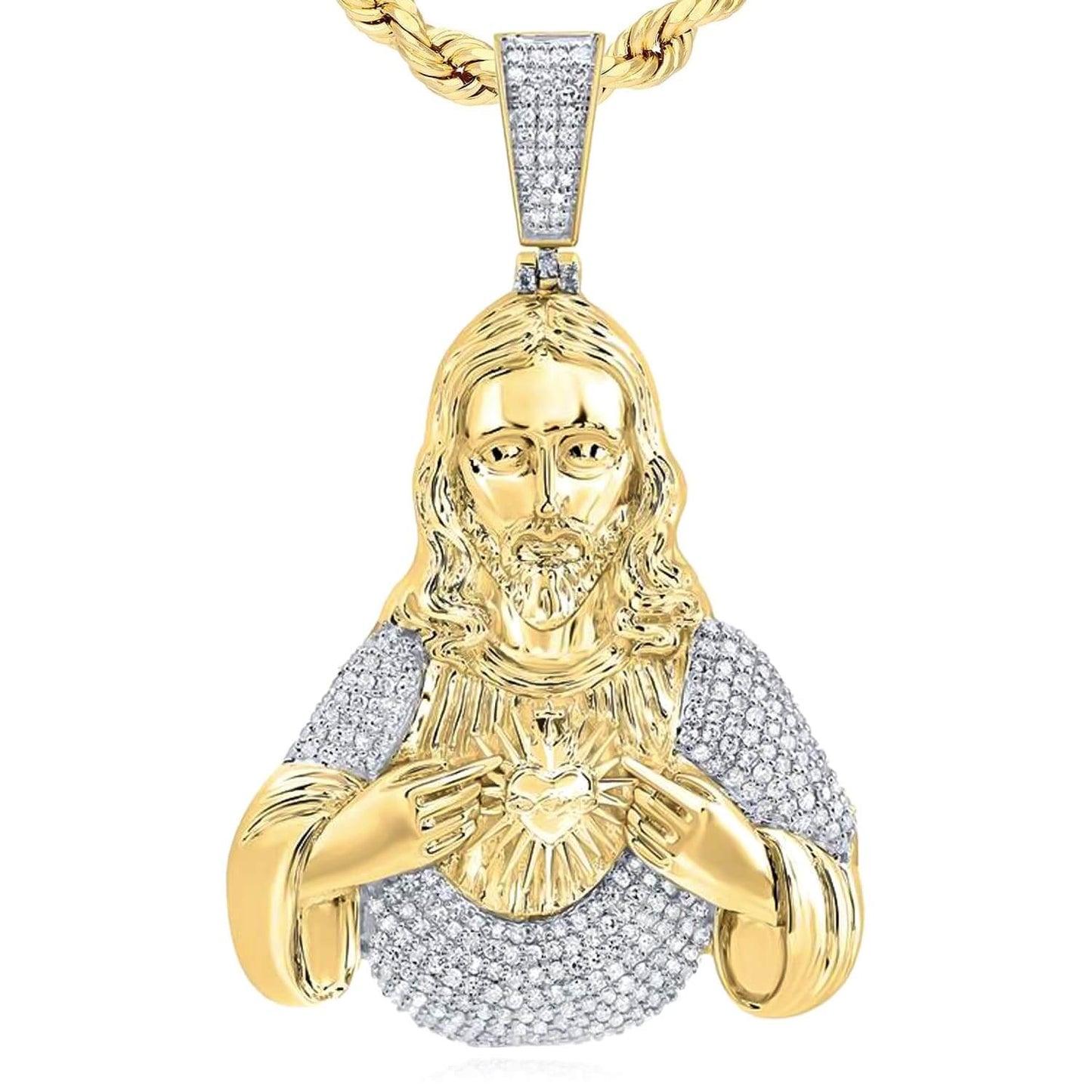 Natural Diamond 10K Yellow Gold Sacred Heart of Jesus Pendant 2" 2.6"