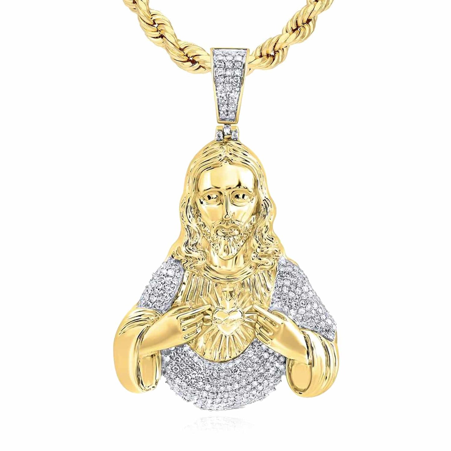 Natural Diamond 10K Yellow Gold Sacred Heart of Jesus Pendant 2" 2.6"
