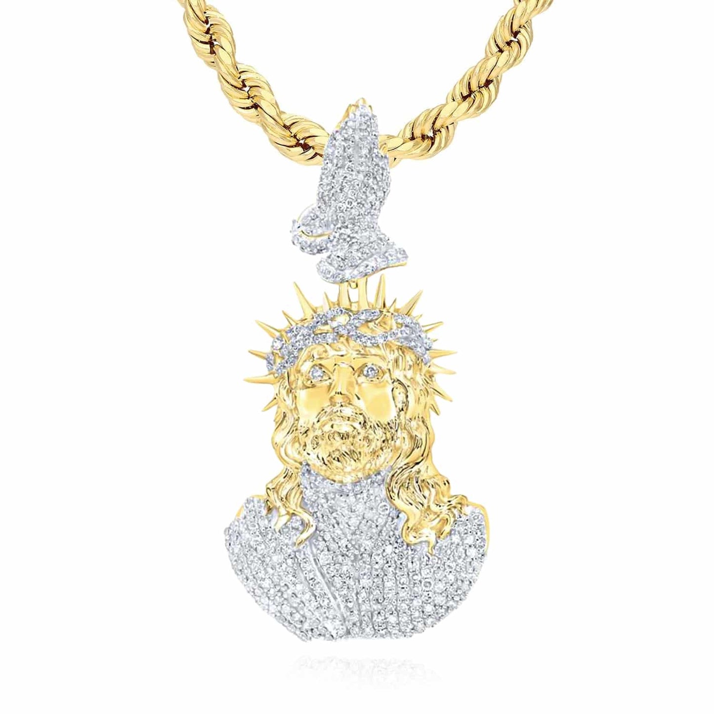 Natural Diamond 10K Yellow Gold Jesus with Praying Hands Pendant 2.1" 2.7"