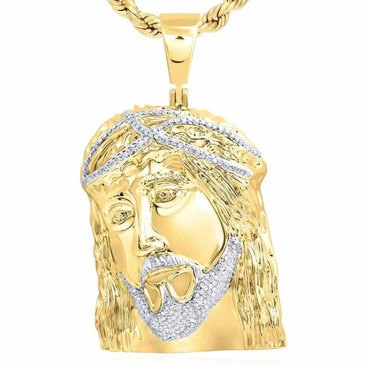 Natural Diamond 10K Yellow Gold Jesus Face Pendant 1" 1.5" 2"
