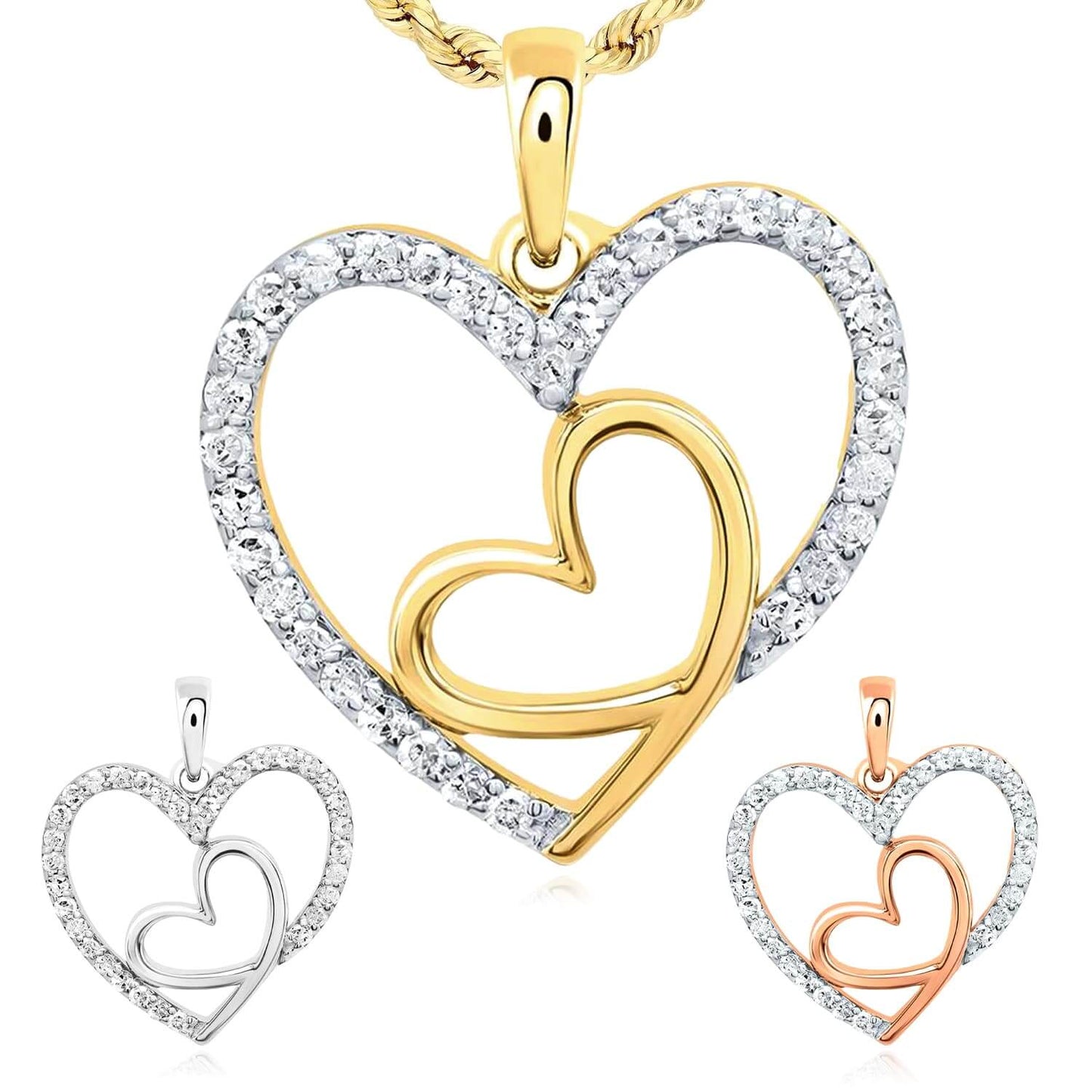 0.20CTW Real Diamond 10K Gold Yellow White Rose Double Heart Pendant 0.8"