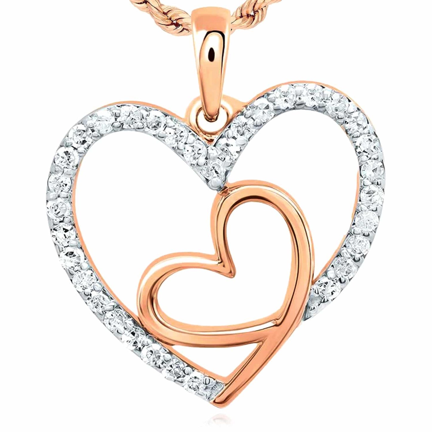 0.20CTW Real Diamond 10K Gold Yellow White Rose Double Heart Pendant 0.8"