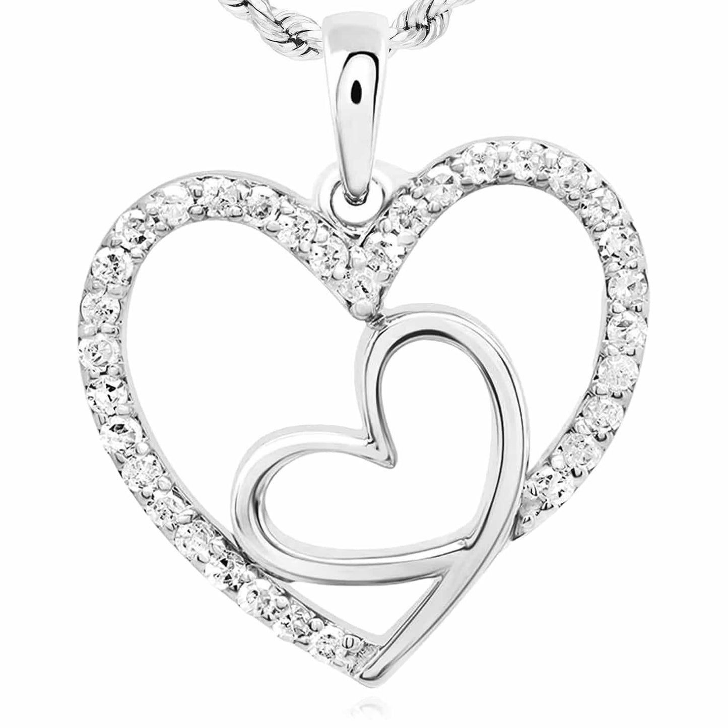 0.20CTW Real Diamond 10K Gold Yellow White Rose Double Heart Pendant 0.8"