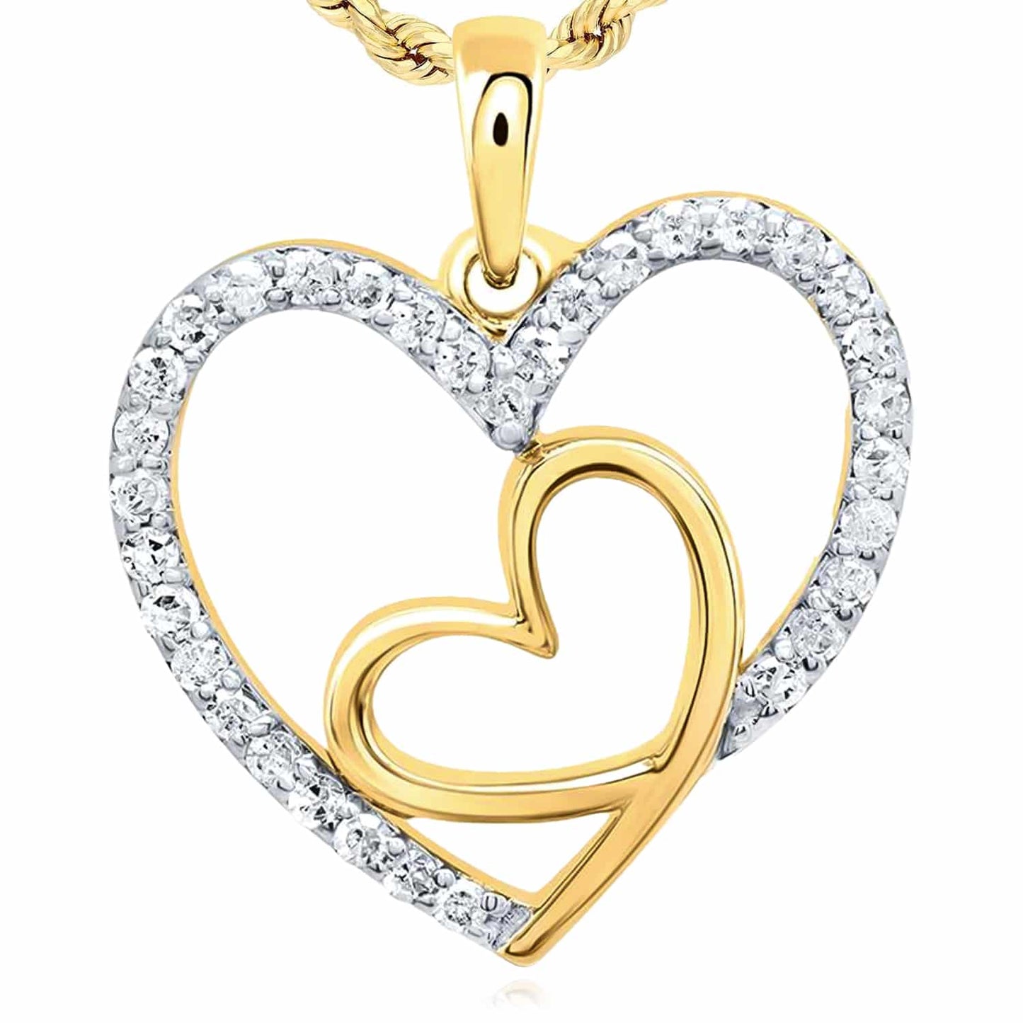 0.20CTW Real Diamond 10K Gold Yellow White Rose Double Heart Pendant 0.8"