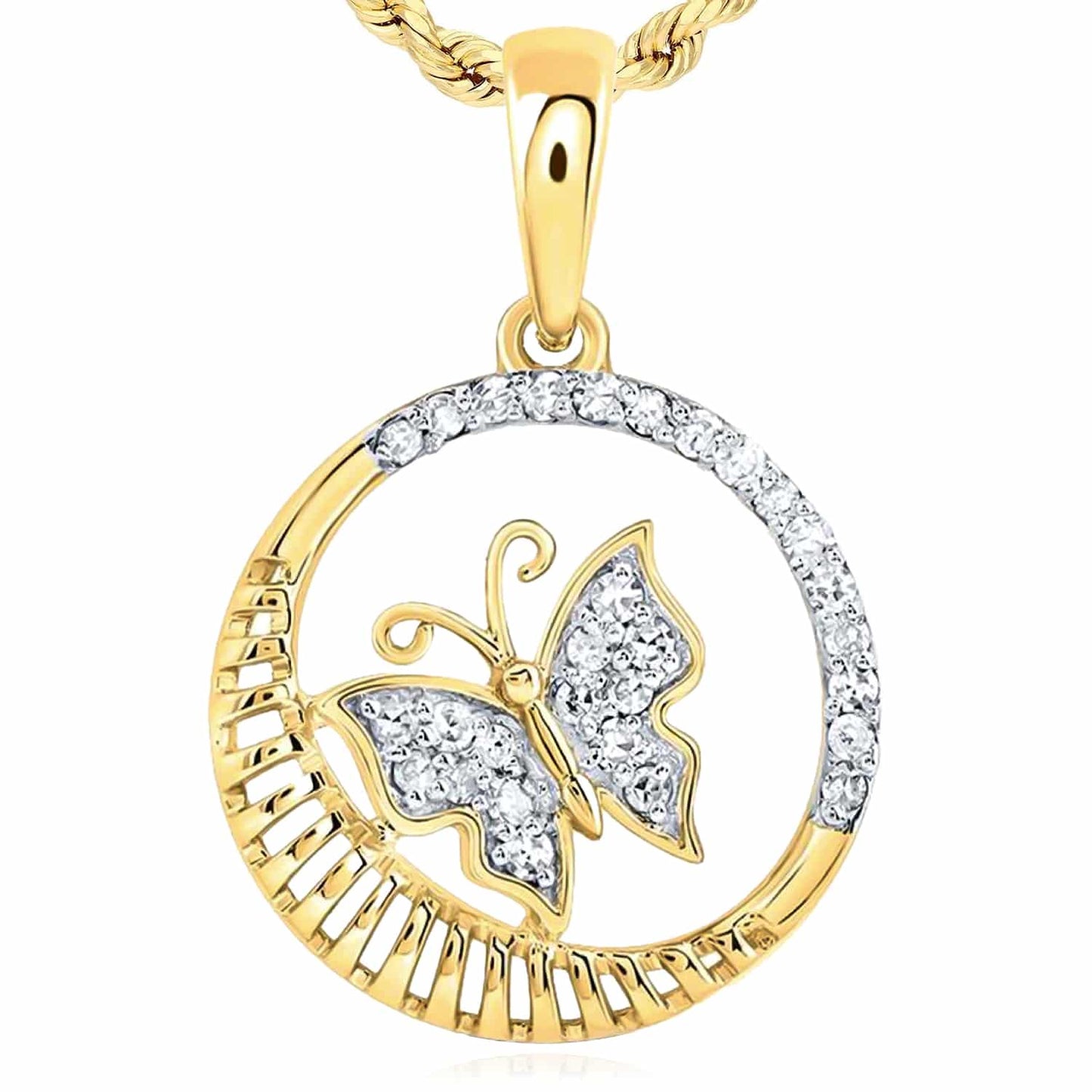 0.16CTW Real Diamond 10K Yellow Gold Butterfly Circle Pendant 0.88"