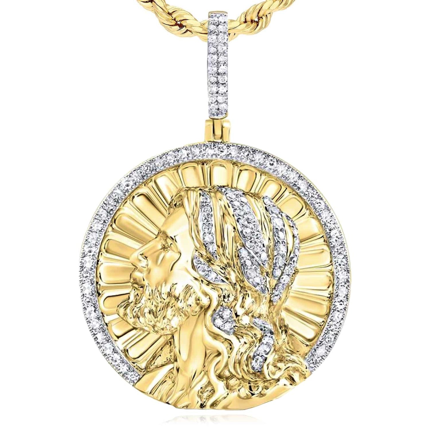 .50CTW Real Diamond 10K Yellow Gold Round Jesus Portrait Diamond Pendant 1.5"