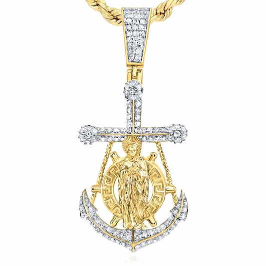 0.62CTW Natural Diamond 10K Yellow Gold Anchor Mother Mary Pendant 1.7"