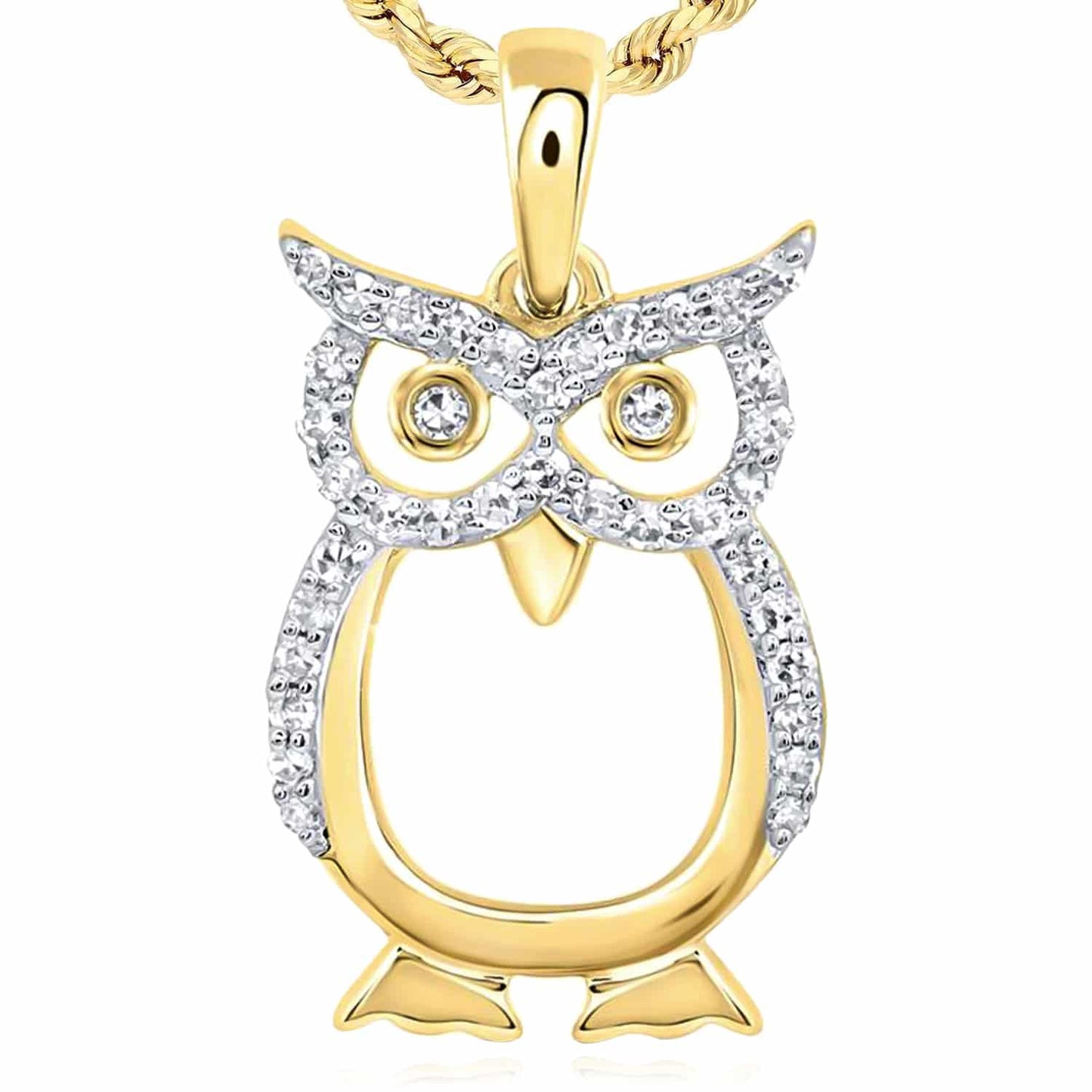 0.16CTW Real Diamond 10K Gold Yellow White Owl Pendant 0.84"