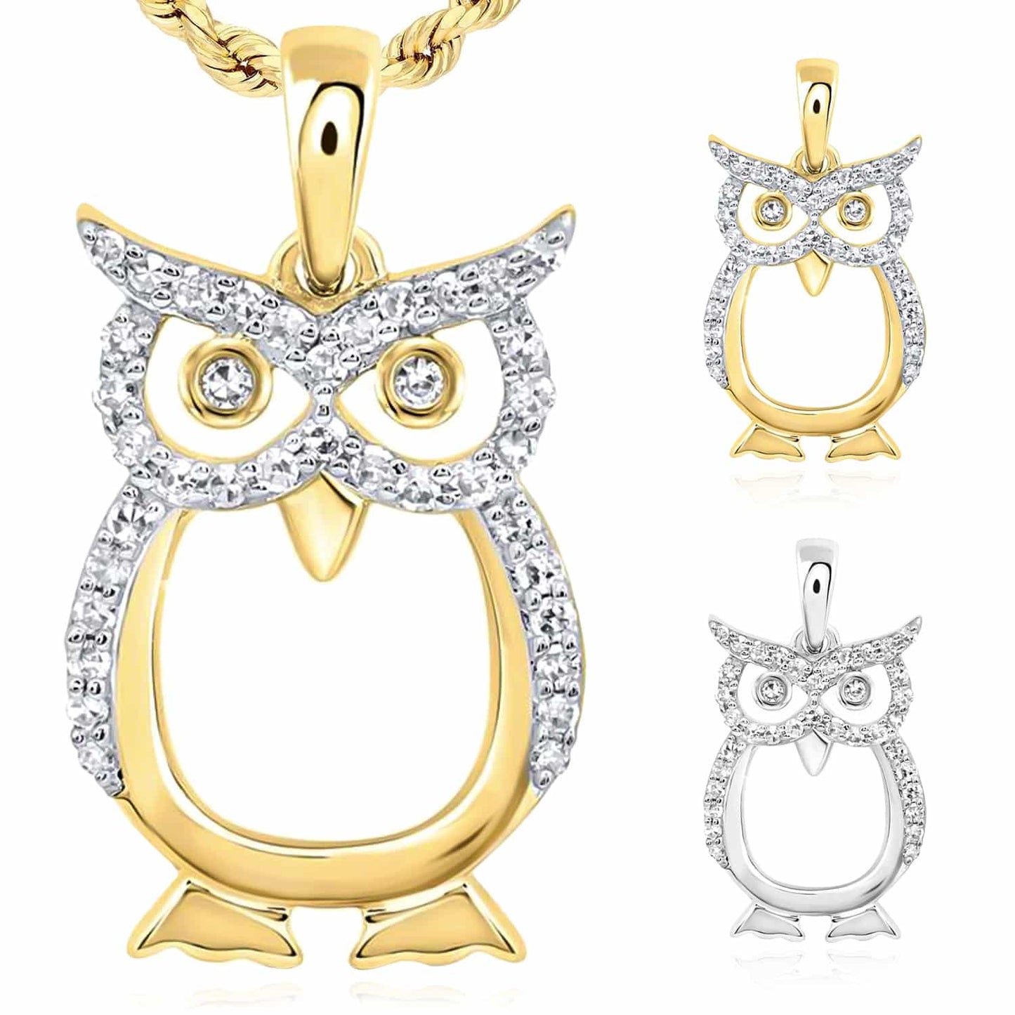0.16CTW Real Diamond 10K Gold Yellow White Owl Pendant 0.84"
