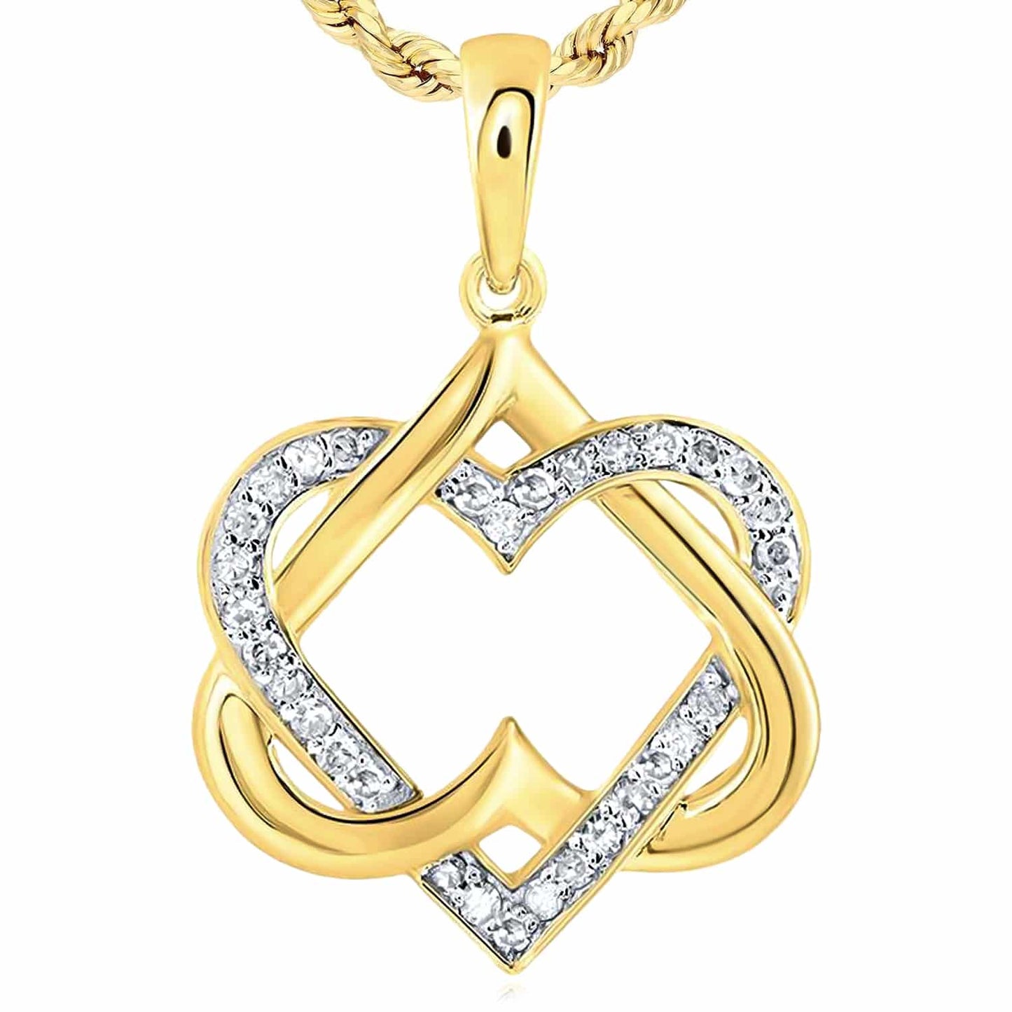 0.16CTW Real Diamond 10K Gold Yellow White Rose Interlocked Heart Pendant