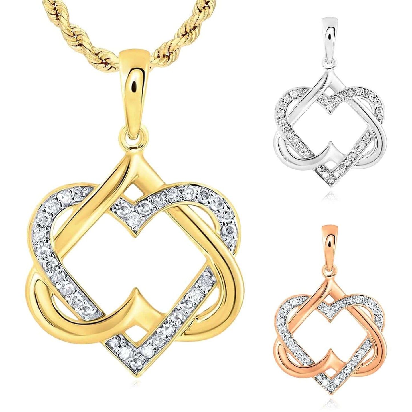 0.16CTW Real Diamond 10K Gold Yellow White Rose Interlocked Heart Pendant