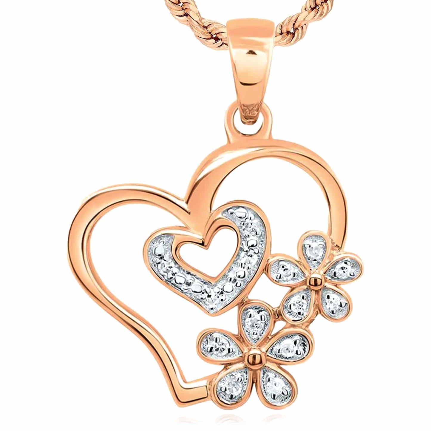 0.05CTW Real Diamond 10K Gold Yellow White Rose Heart Flower Pendant 0.91"