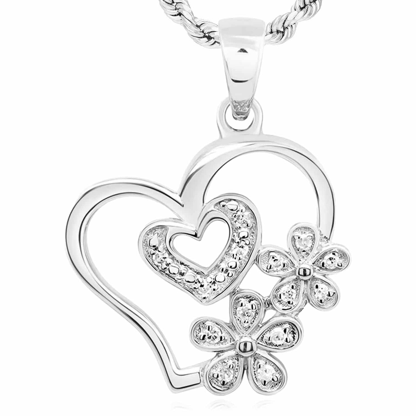 0.05CTW Real Diamond 10K Gold Yellow White Rose Heart Flower Pendant 0.91"