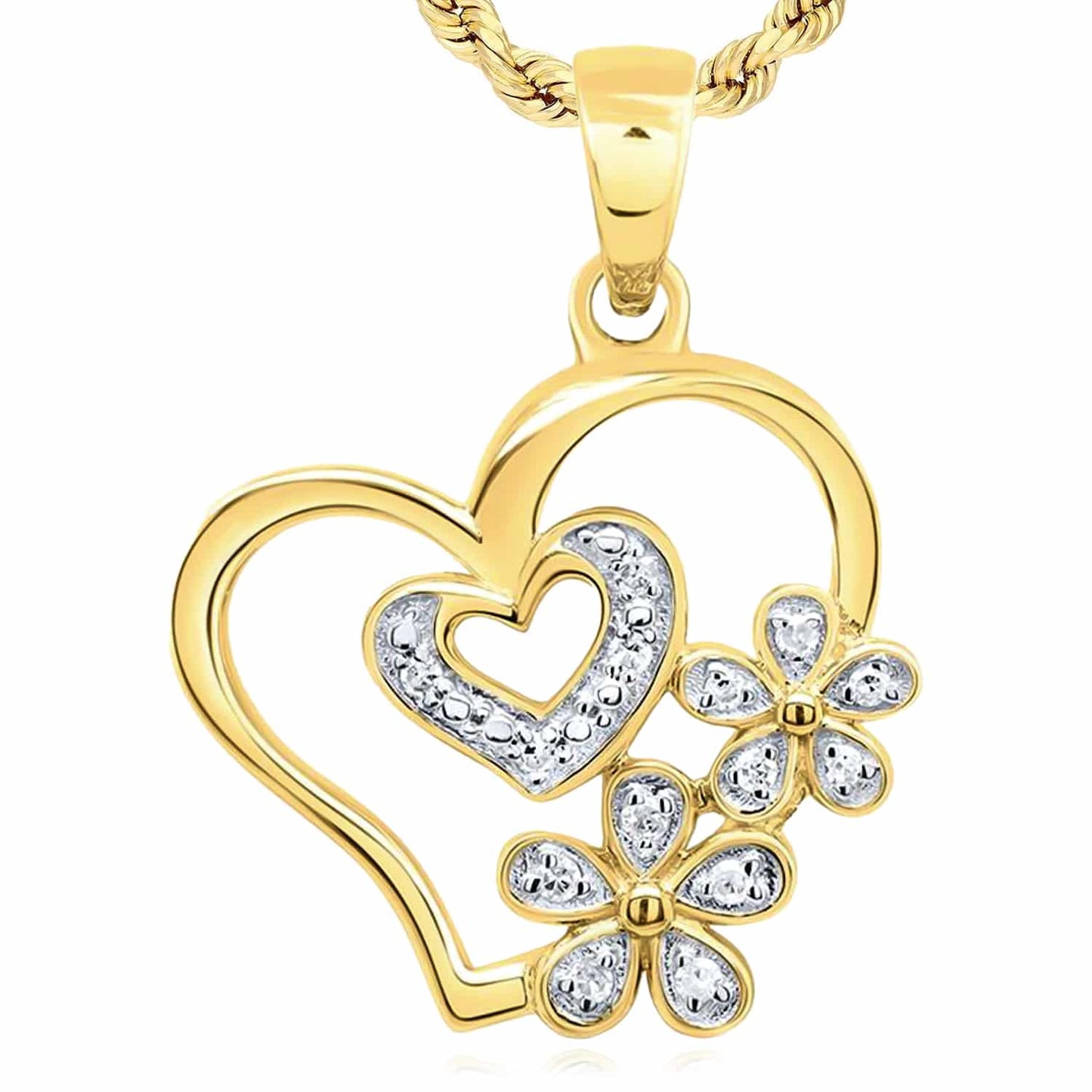 0.05CTW Real Diamond 10K Gold Yellow White Rose Heart Flower Pendant 0.91"