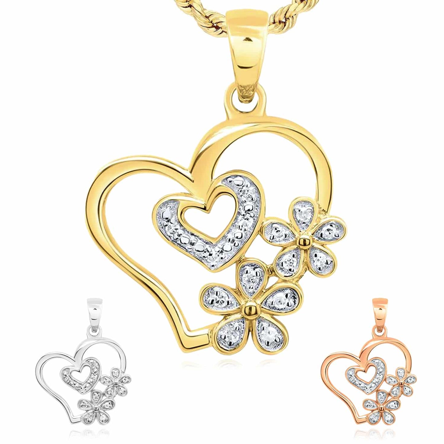 0.05CTW Real Diamond 10K Gold Yellow White Rose Heart Flower Pendant 0.91"