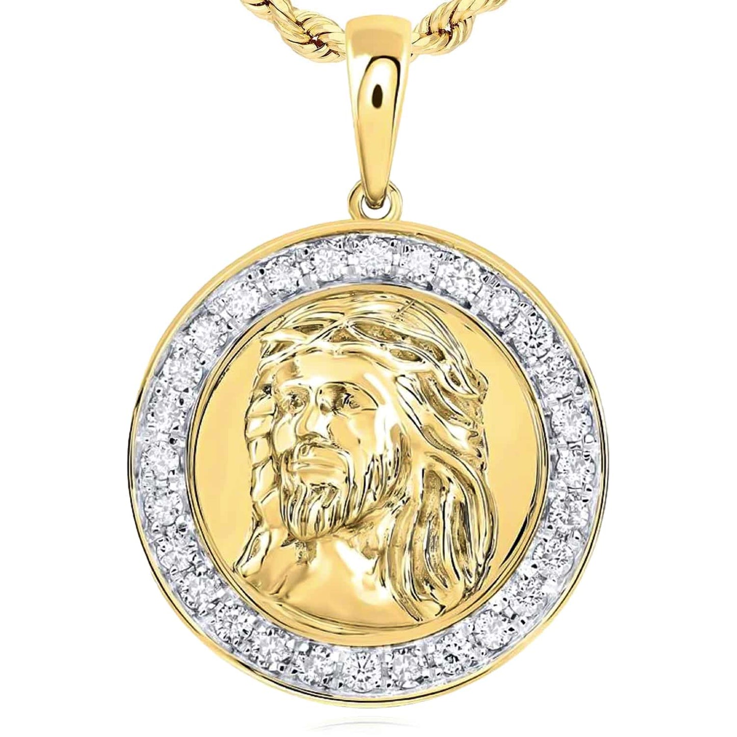 0.50CTW Real Diamond 10K Yellow Gold Jesus Face Round Pendant 0.75"
