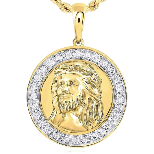 0.50CTW Natural Diamond 10K Yellow Gold Jesus Face Round Pendant 0.75"