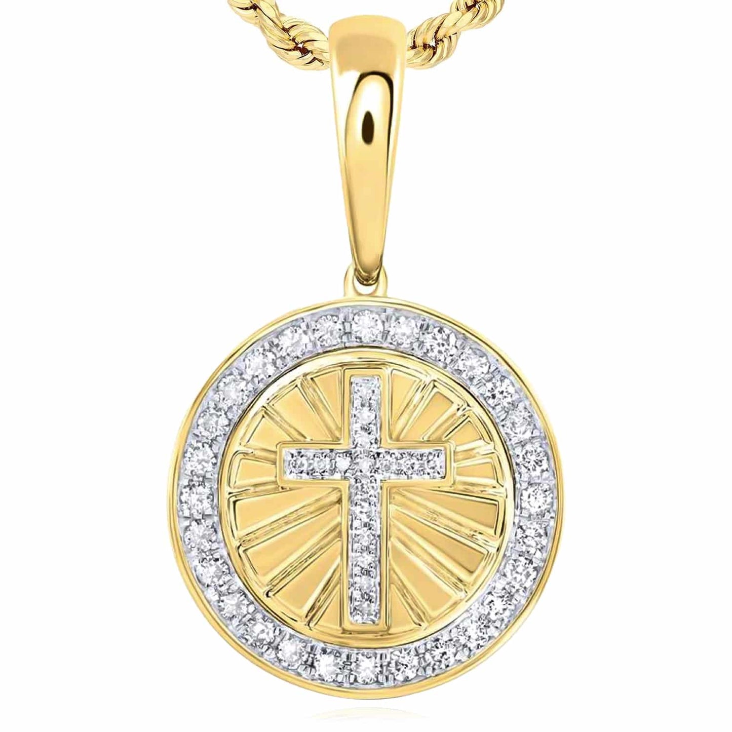 0.50CTW Real Diamond 10K Yellow Gold Circle Cross Pendant 0.75"