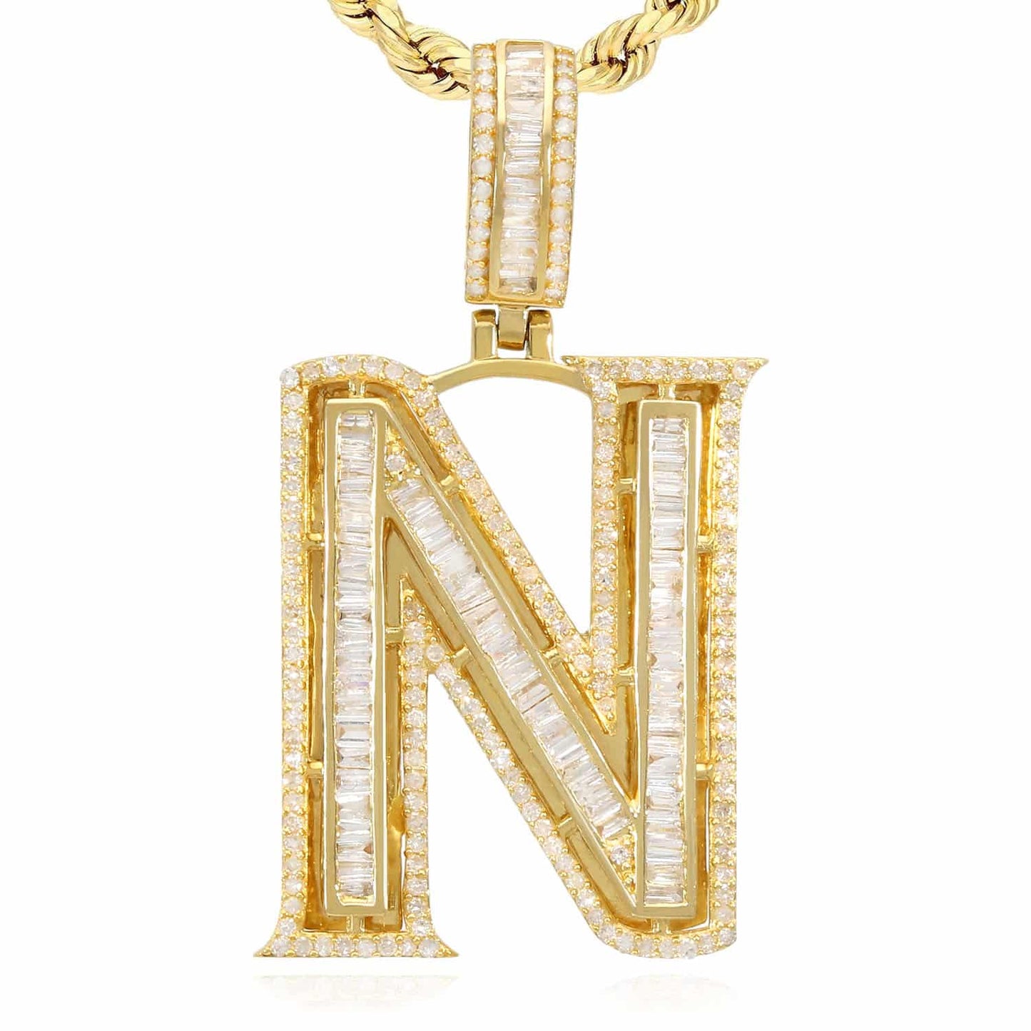 1.1CTW Natural Diamond Baguette 14K Yellow Gold Initial Letter Pendant 1.5"
