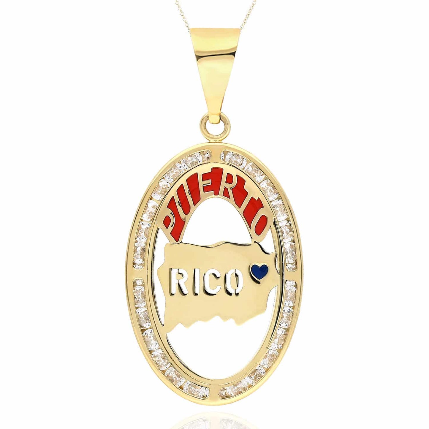 10K Yellow Gold CZ Enameled Puerto Rico Map Oval Shape Disc Pendant