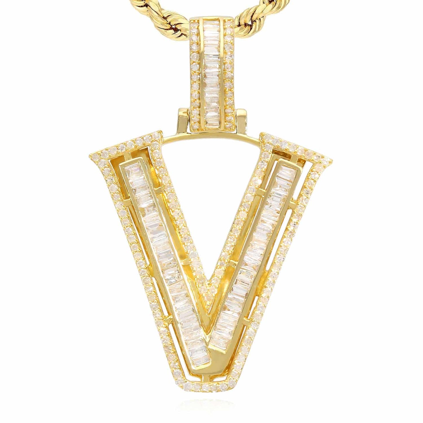1.1CTW Natural Diamond Baguette 14K Yellow Gold Initial Letter Pendant 1.5"