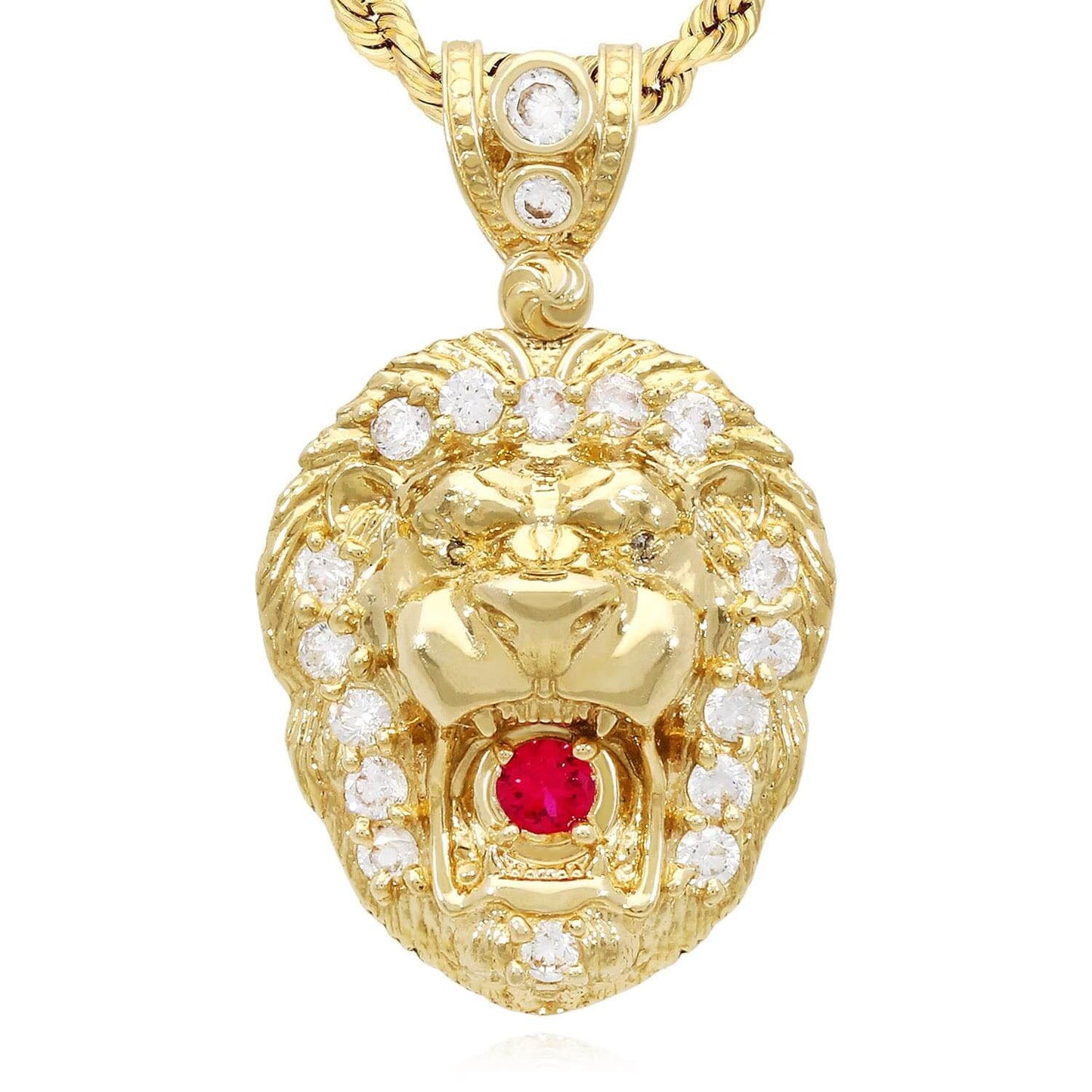 10K Real Gold CZ Ruby Lion Face Charm Pendant 0.79" - 1.38"