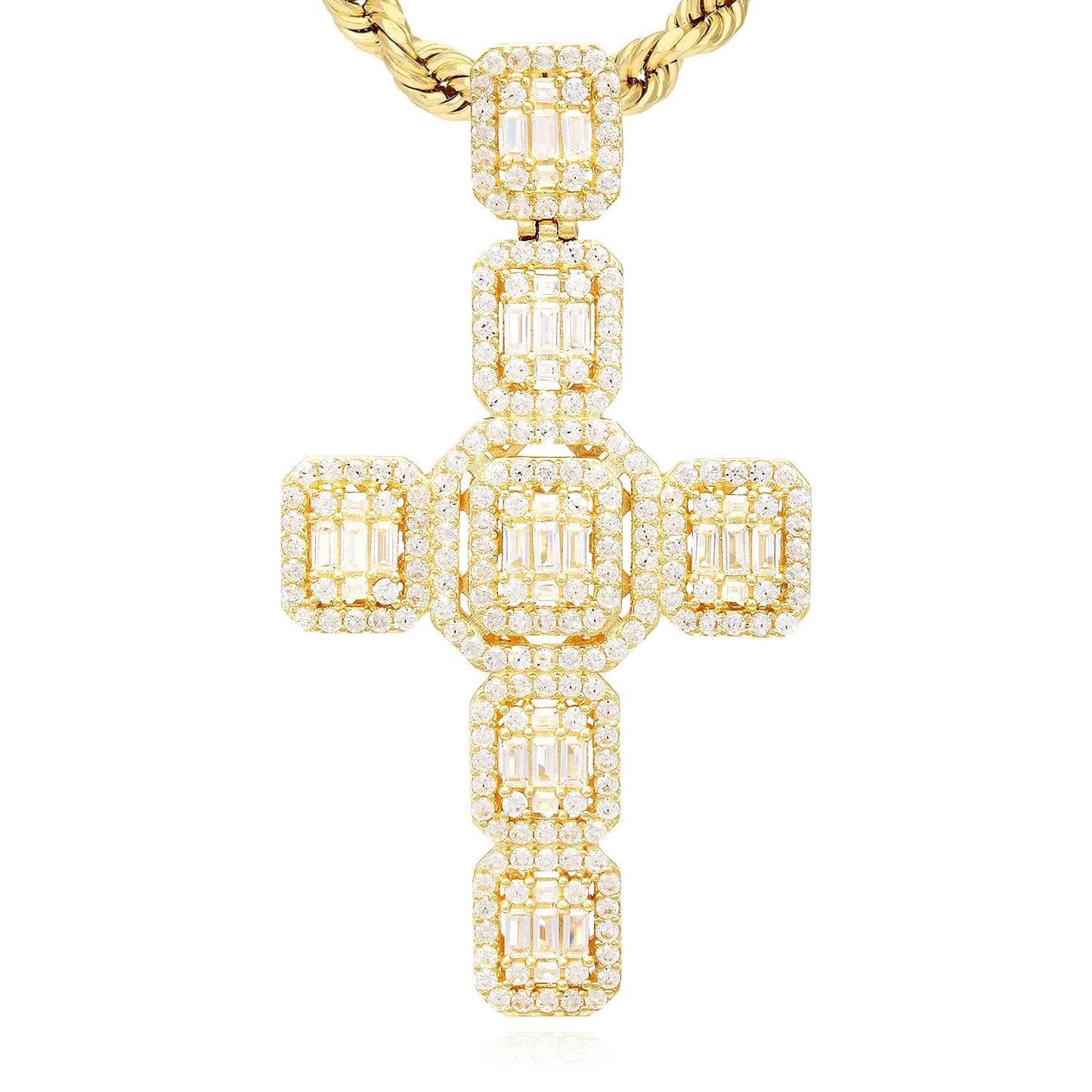 6.5CTW Baguette Round CZ Cluster 14K Gold Cross Pendant 2.4"