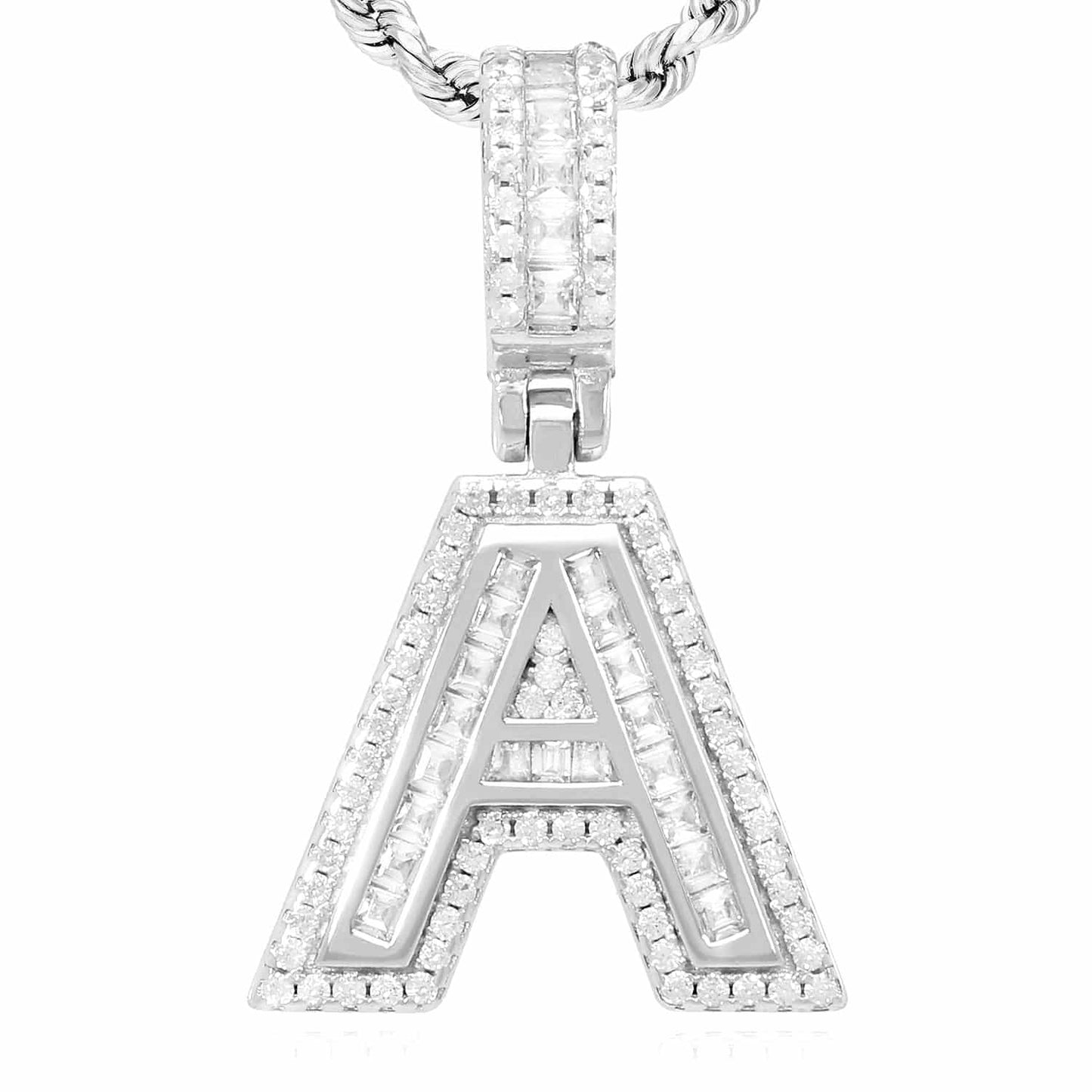 18K White Gold Over Silver CZ Initial Letter Charm Pendant 1.2"