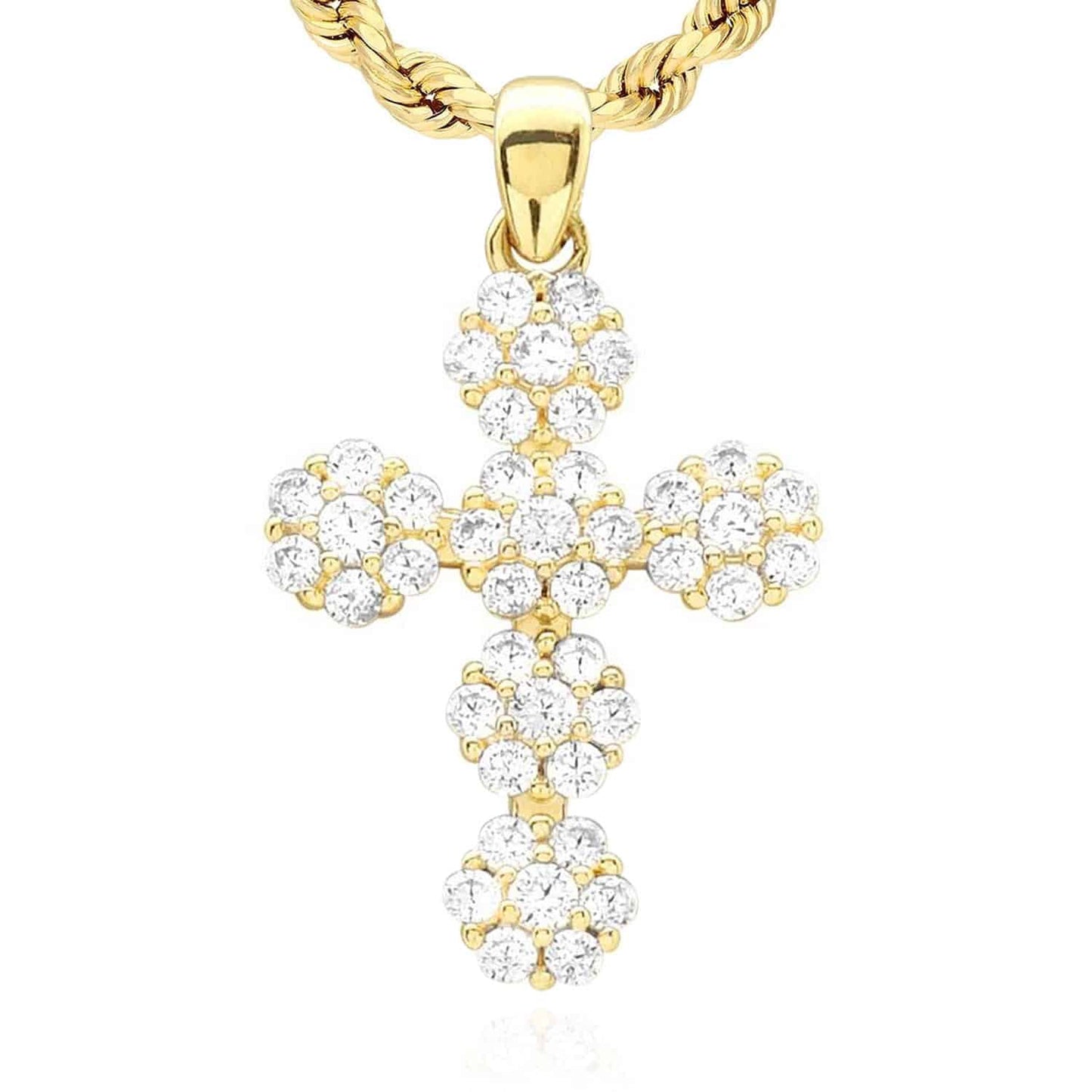 14k Solid Yellow White Gold 0.85Ct CZ Flower Design Cross Pendant