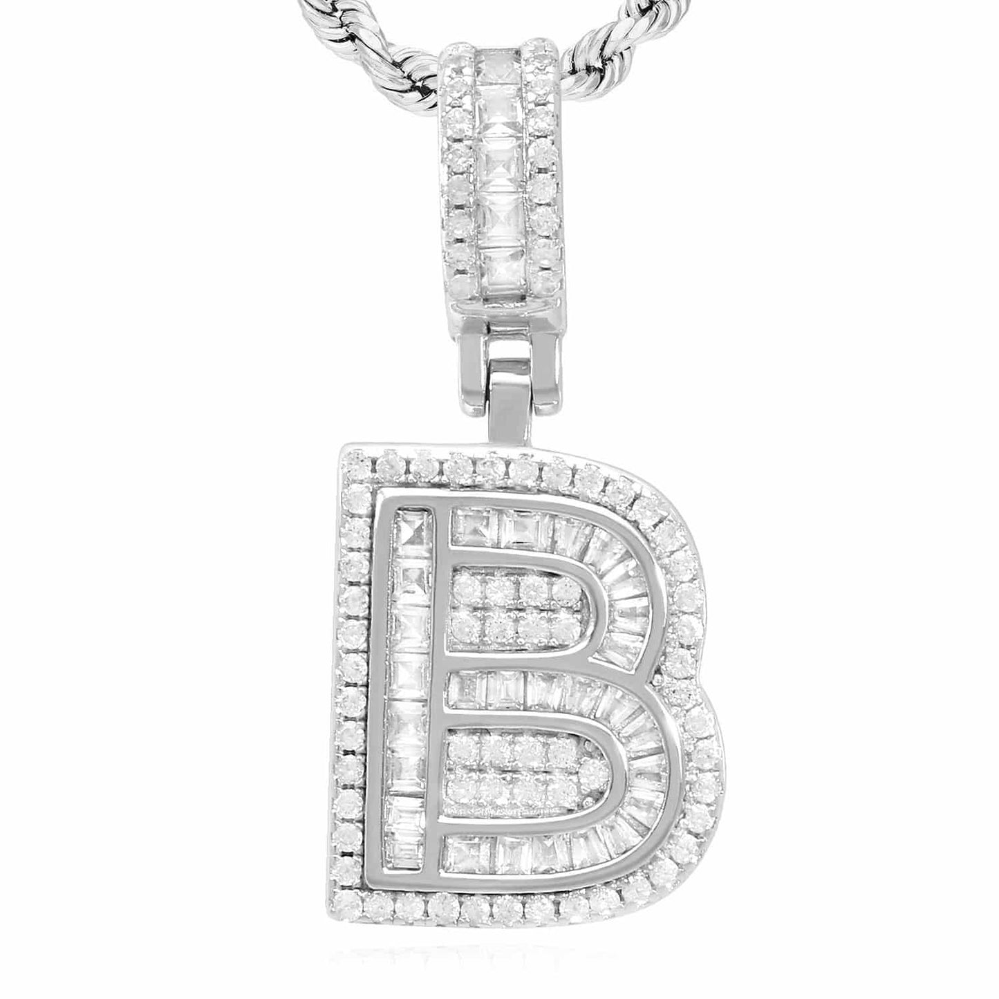 18K White Gold Over Silver CZ Initial Letter Charm Pendant 1.2"