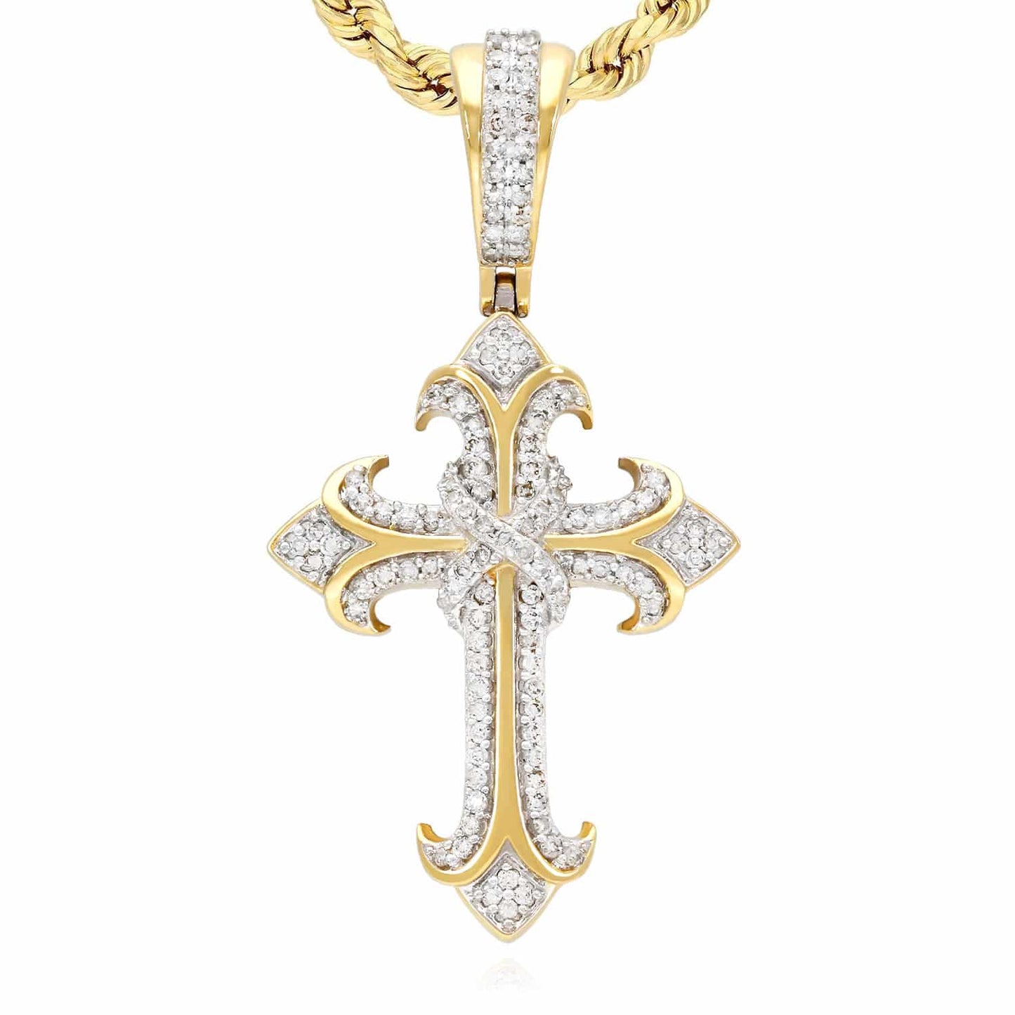 0.42CT TW. Real Diamond Religious Cross Pendant 10K Yellow Gold 0.75"