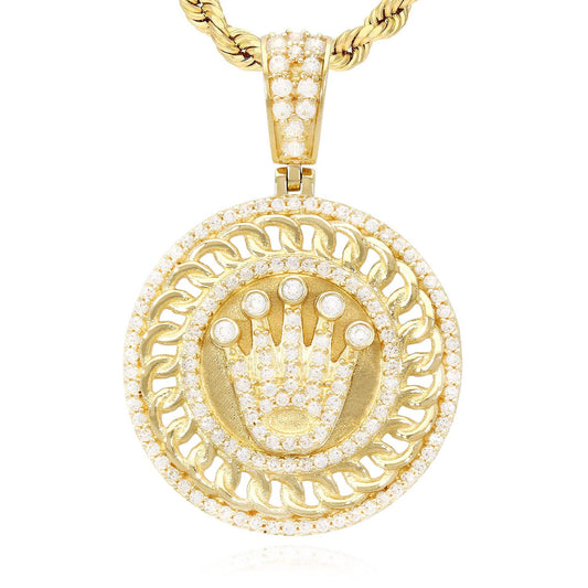 14K Yellow Gold CZ Crown Round Medallion Pendant 1.46"