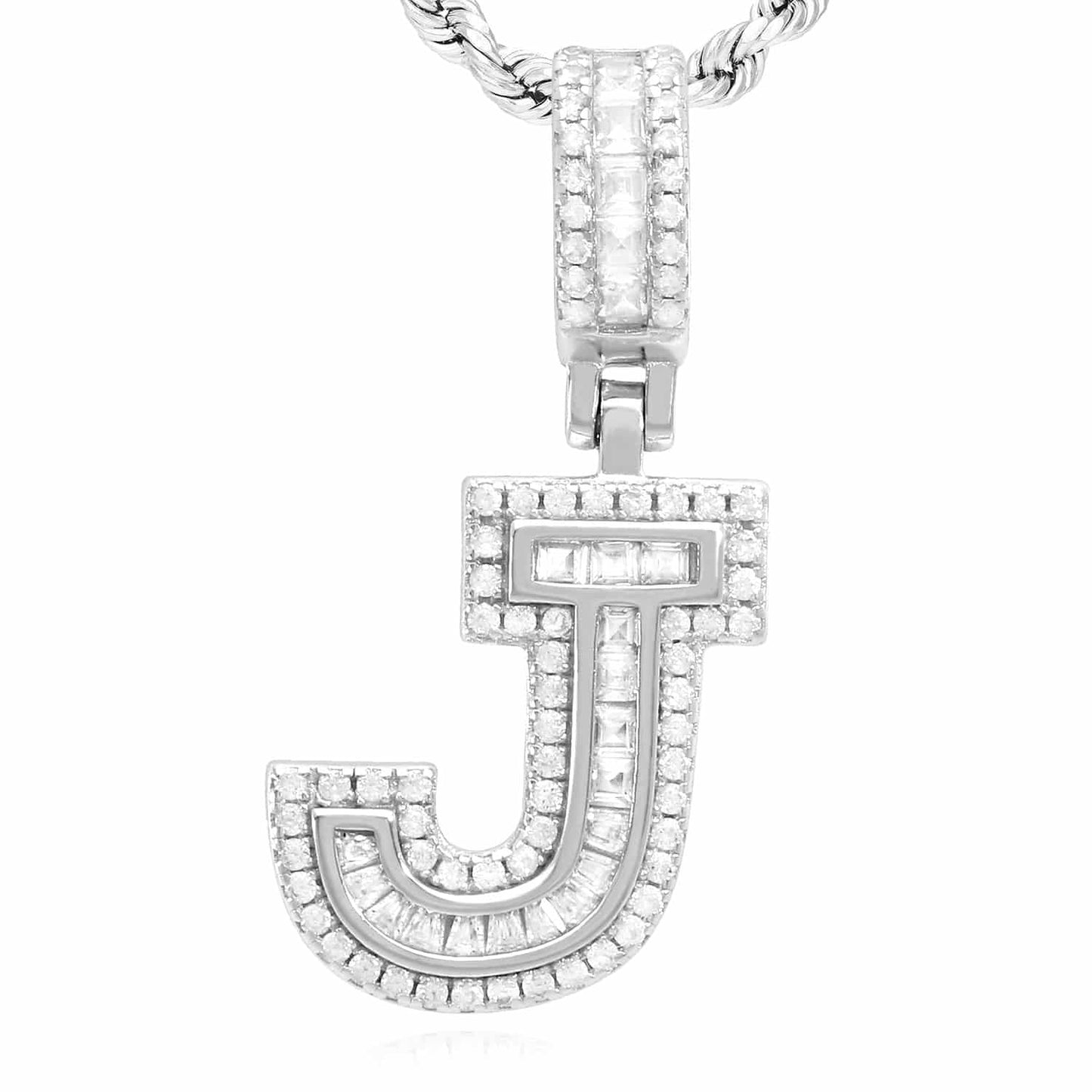 18K White Gold Over Silver CZ Initial Letter Charm Pendant 1.2"