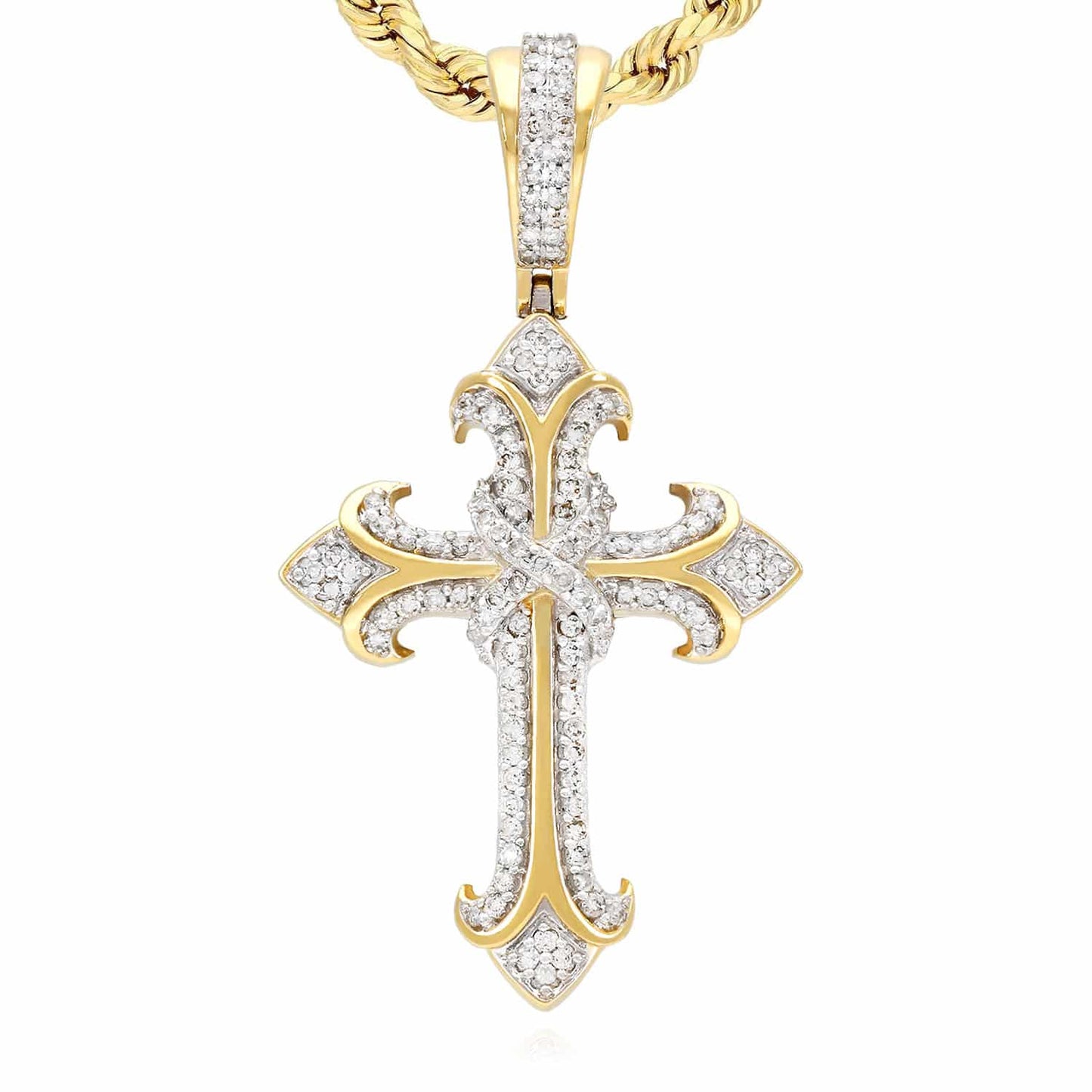 0.46CT TW. Real Diamond Cross Pendant 10K Yellow Gold 1.6"