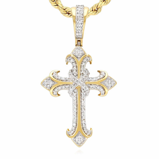 0.46CT TW. Natural Diamond Cross Pendant 10K Yellow Gold 1.6"