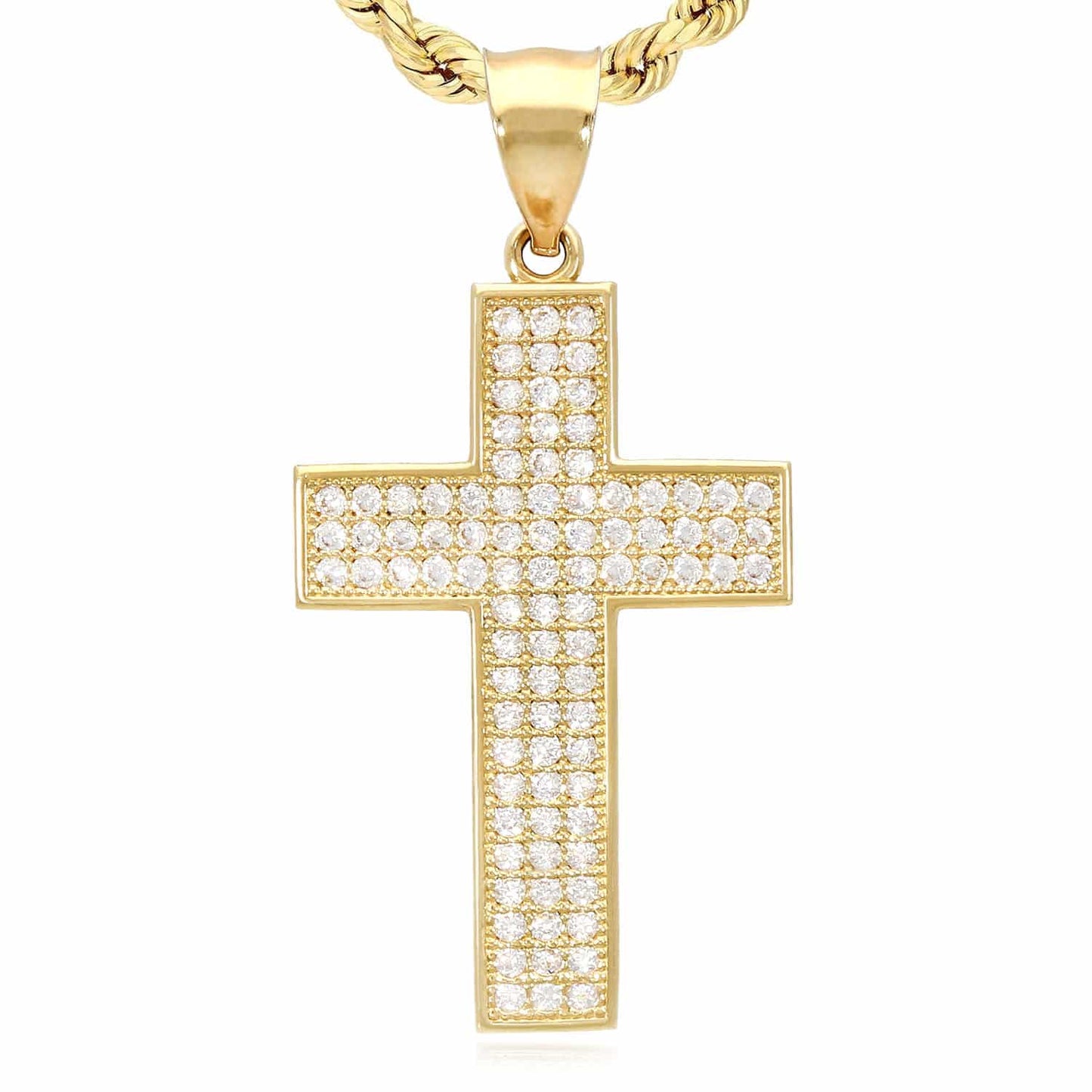 14K Yellow Gold CZ Pave Cross Pendant 1.57"