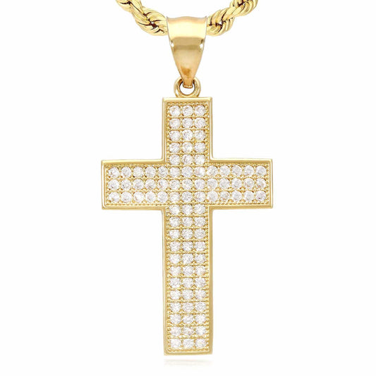 14K Yellow Gold CZ Pave Cross Pendant 1.57"