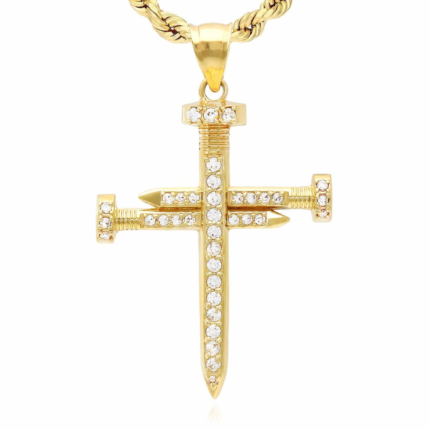 10K Yellow Gold CZ Pave Nail Cross Pendant 1.77"