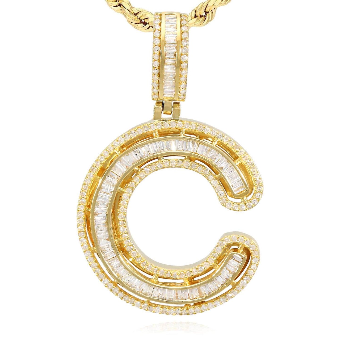 1.1CTW Natural Diamond Baguette 14K Yellow Gold Initial Letter Pendant 1.5"