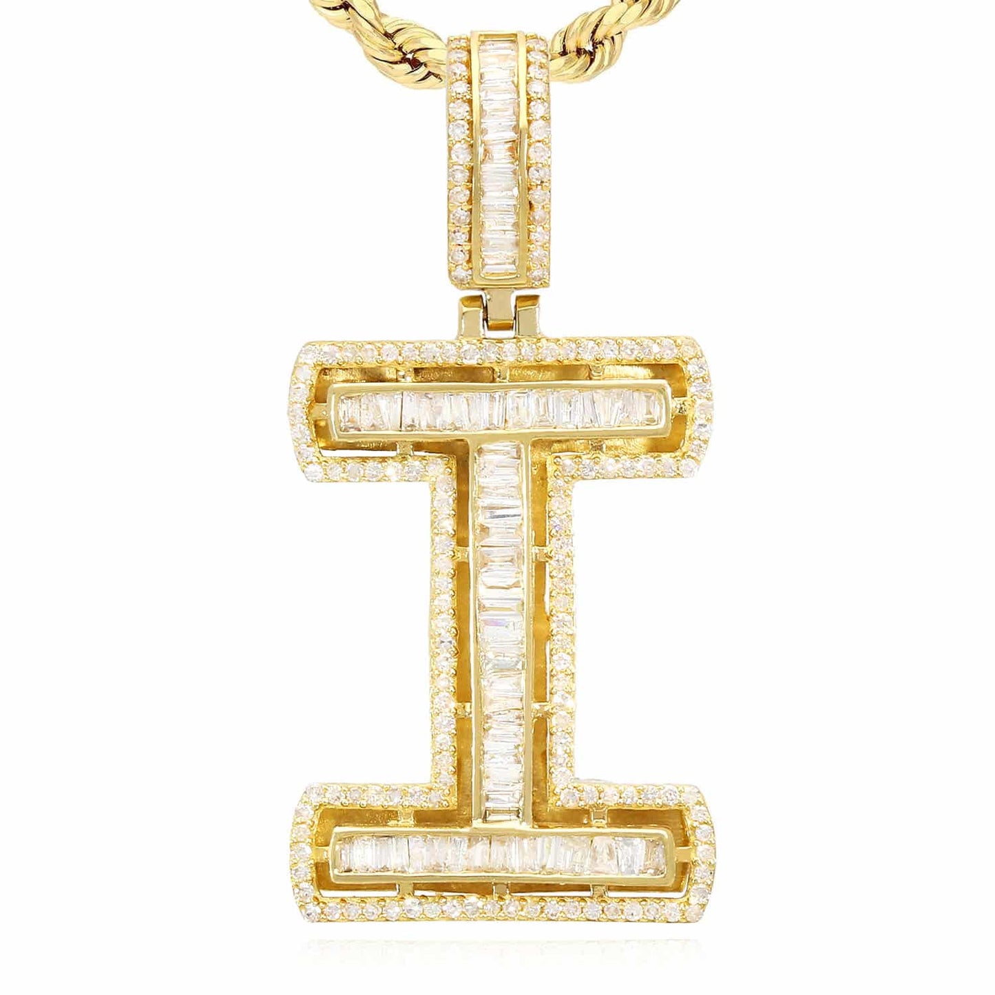 1.1CTW Natural Diamond Baguette 14K Yellow Gold Initial Letter Pendant 1.5"