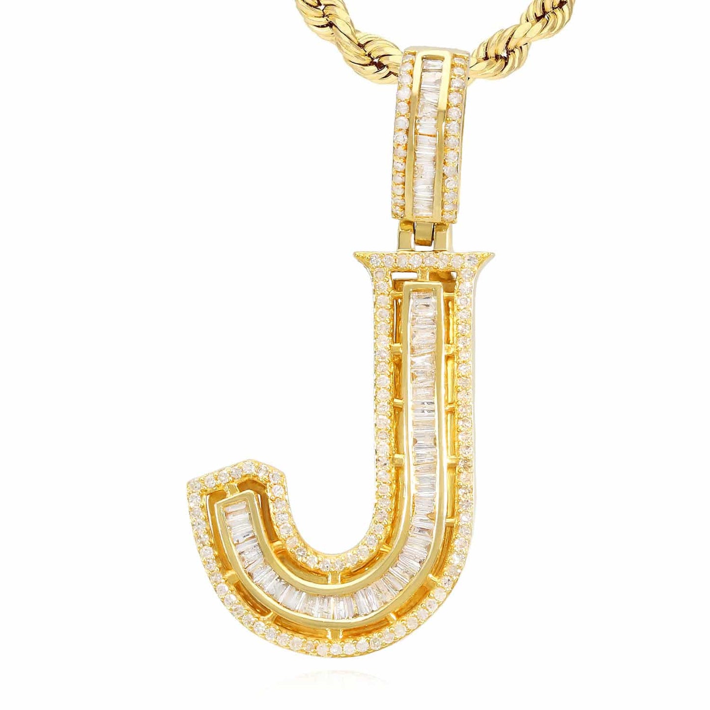 1.1CTW Natural Diamond Baguette 14K Yellow Gold Initial Letter Pendant 1.5"