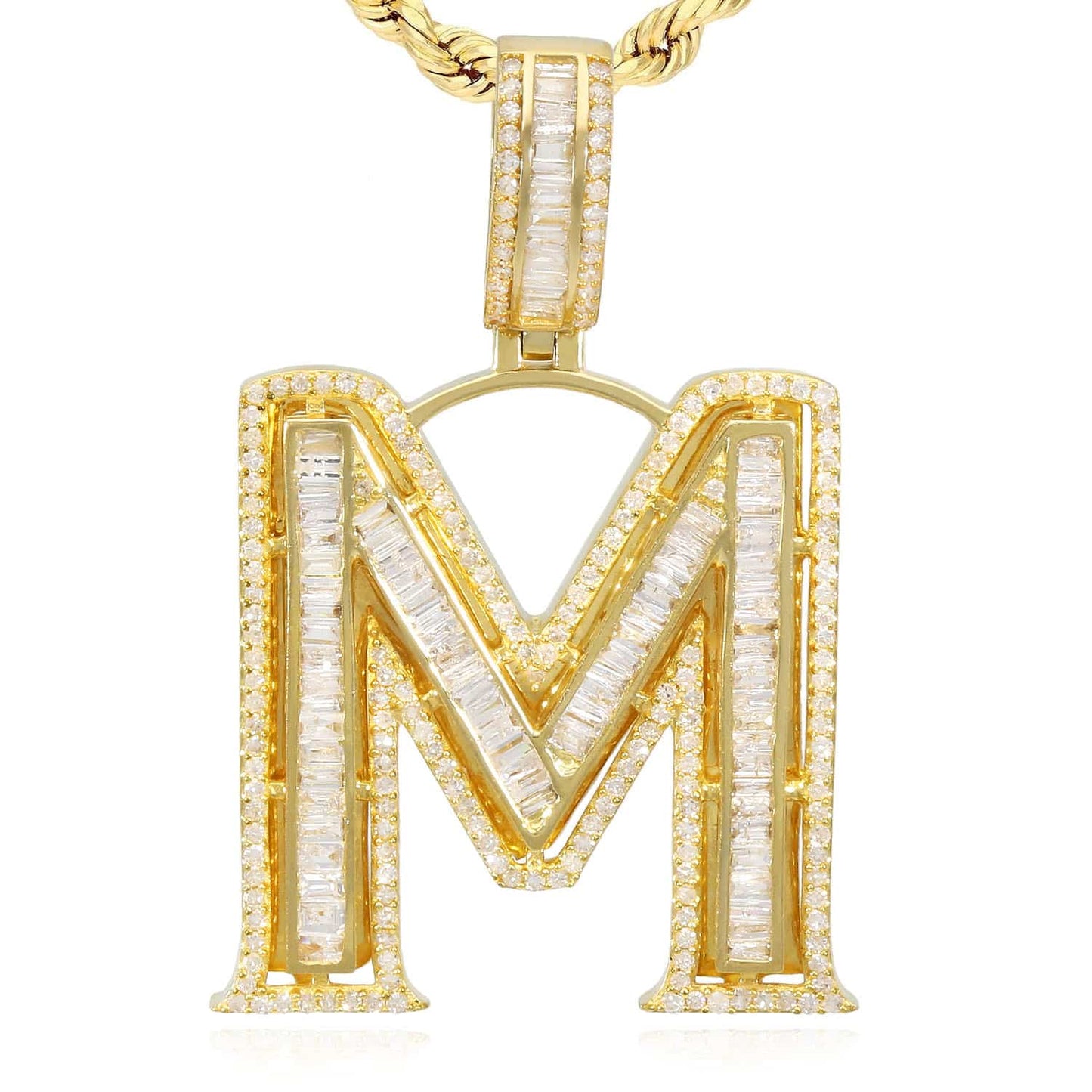 1.1CTW Natural Diamond Baguette 14K Yellow Gold Initial Letter Pendant 1.5"